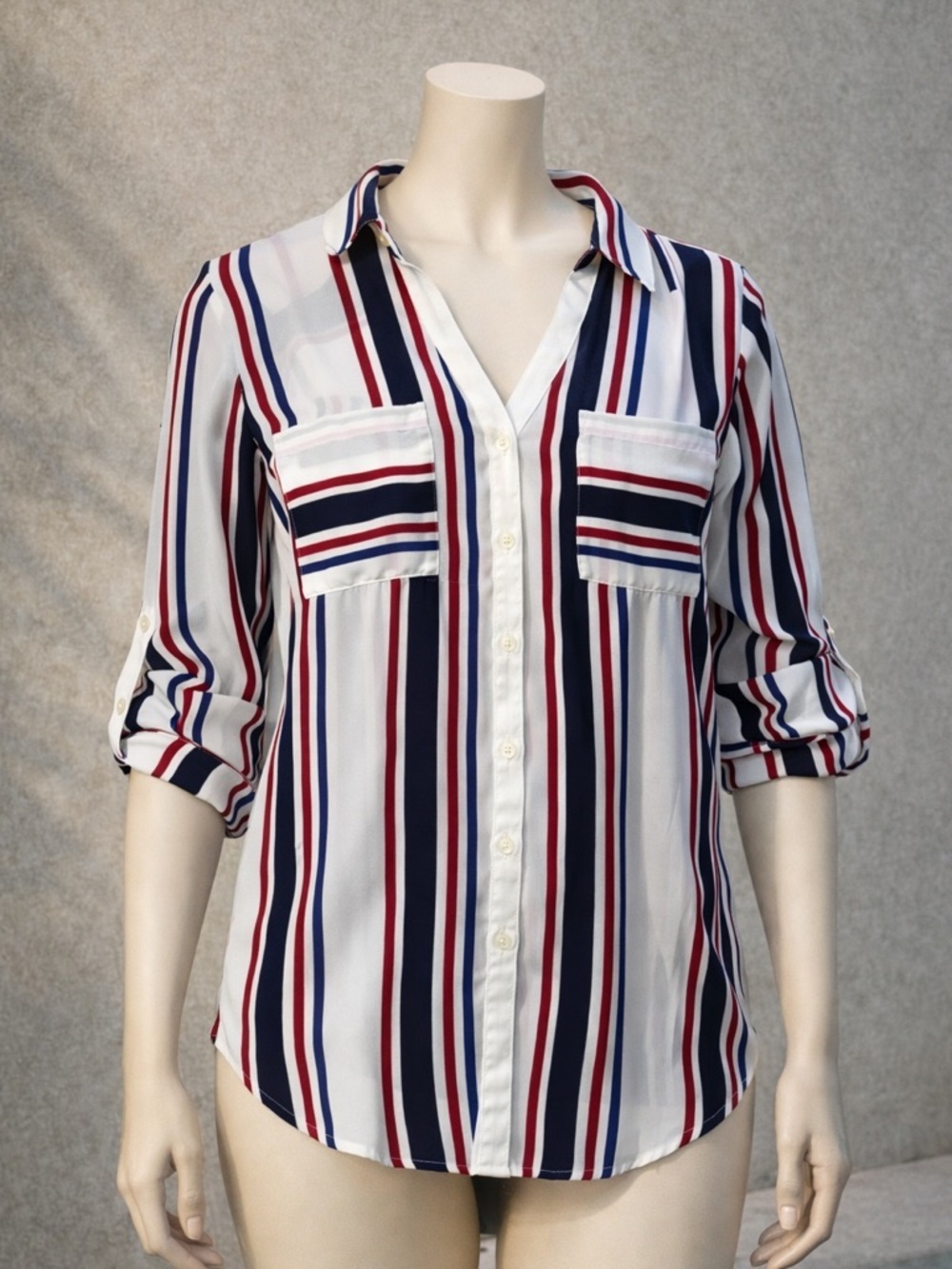 Express Striped Button-Down Shirt in White, Navy & Red